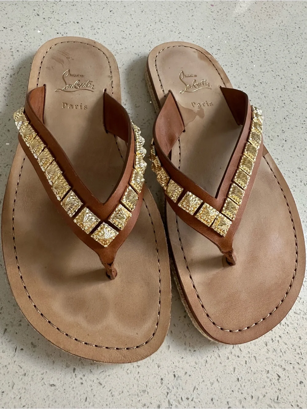 Christian Louboutin Brown Leather Sandal Thong with Gold Studs